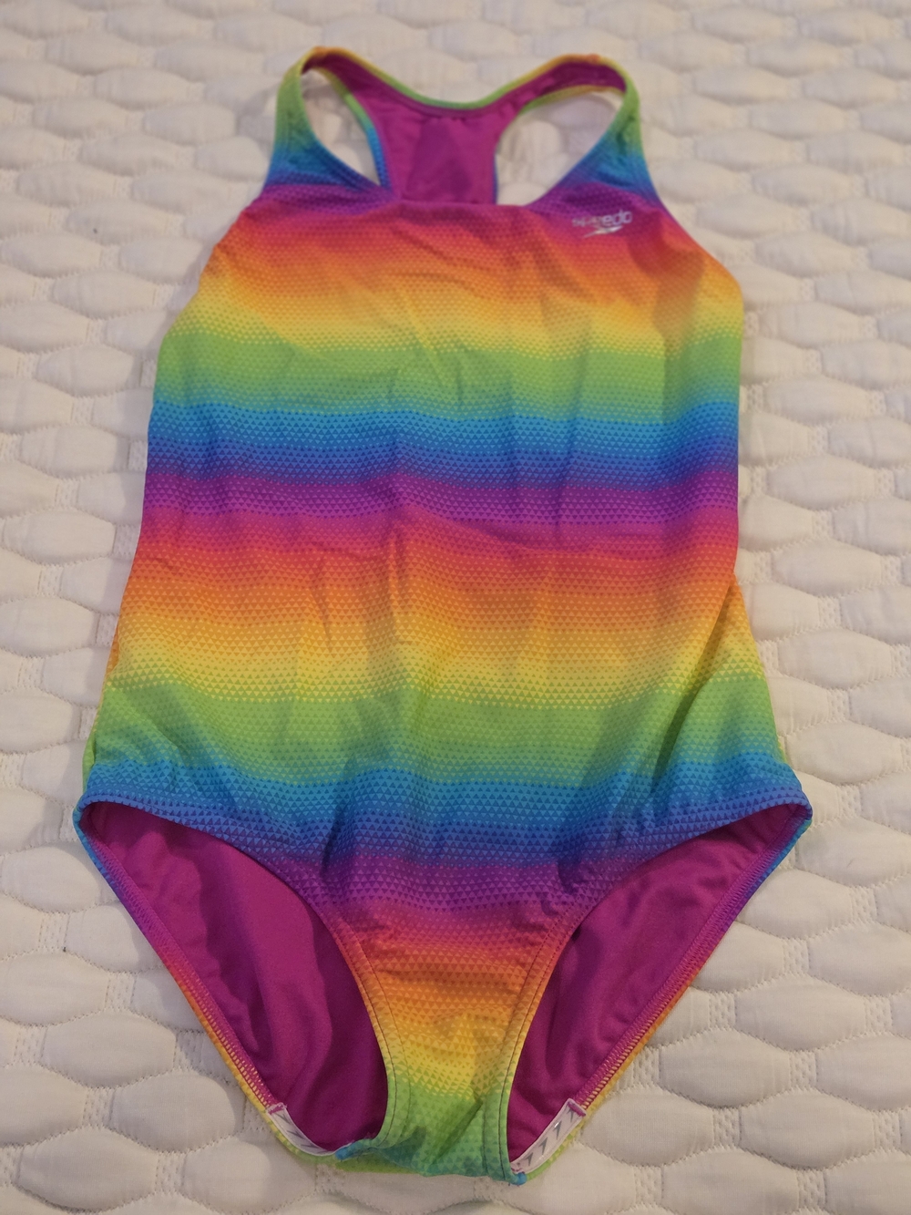 Speedo Girl's One Piece Swimsuit Rainbow Stripes Anti Slip Strips Size 16